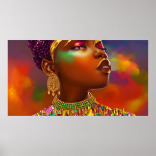 Poster Femme africaine papillon bijou or jaune fantaisie