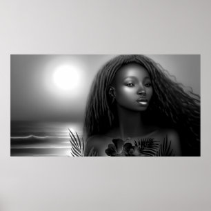 Poster Femme afro-américaine plage au clair de lune Monoc