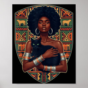 Poster Femme afro chat noir art africain reine de mélanin
