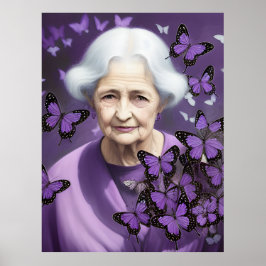 Poster Femme Âgée Avec Papillons Violets