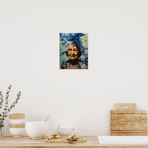Poster Femme âgée et papillons bleus