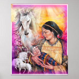 Poster Femme amérindienne et chevaux blancs