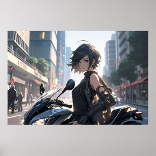Poster Femme Anime à vélo centre-ville
