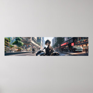 Poster Femme Anime à vélo centre-ville - Ultra large