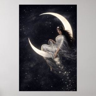 Poster Femme Art Nouveau céleste sur croissant de lune