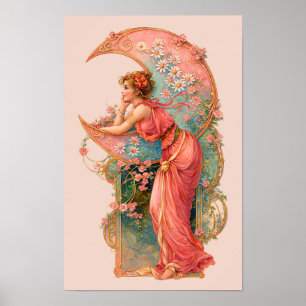 Poster Femme Art Nouveau Rétro & Croissant de Lune