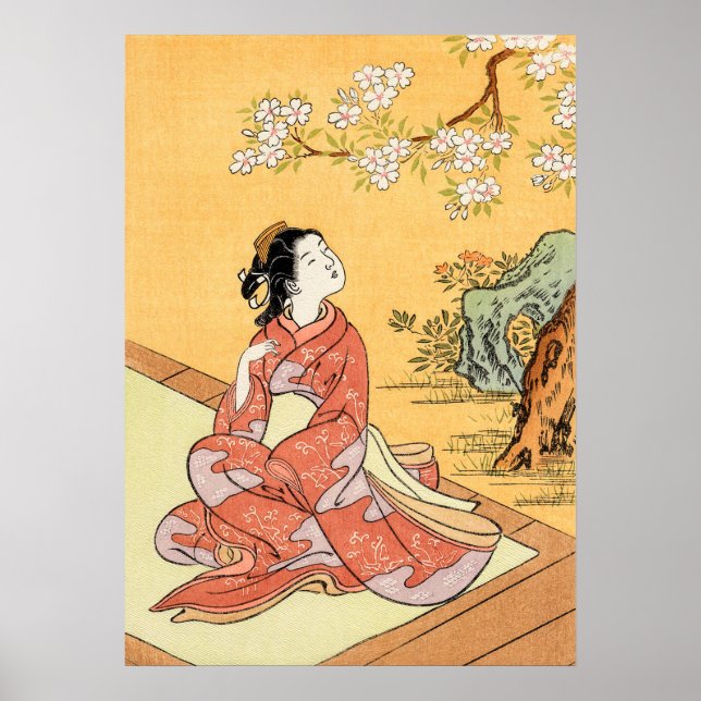 Poster Femme Assis Sous Les Fleurs De Cerisiers (Devant)