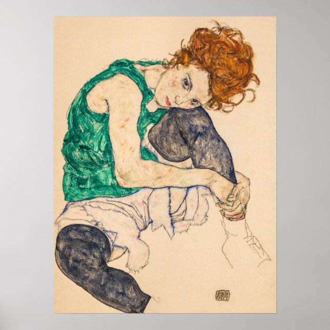 Poster Femme assise avec genou blond par Egon Schiele (Devant)