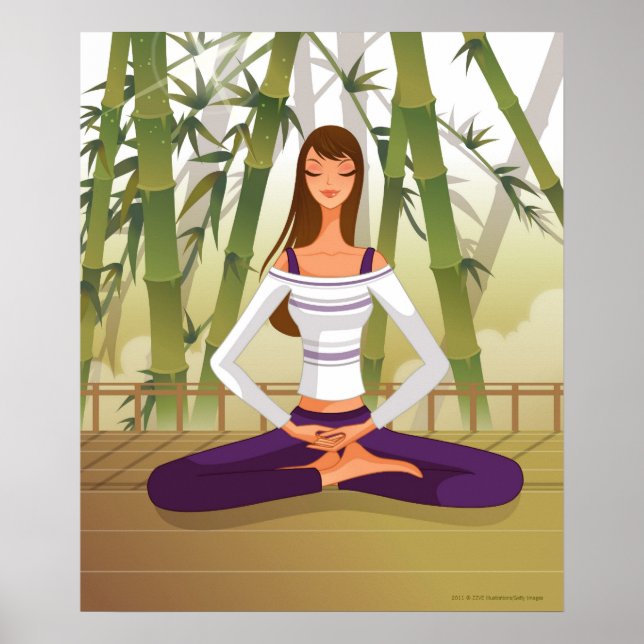 Poster Femme assise en position de lotus, méditant (Devant)
