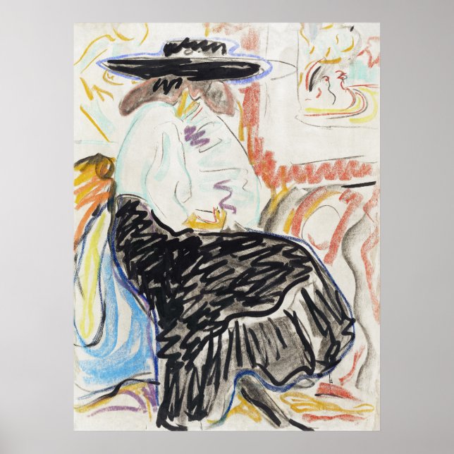 Poster Femme assise Kirchner Esquisse expressionniste Art (Devant)