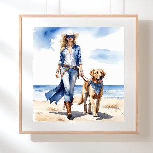 Poster Femme au bord de la mer à Denim avec un chien sur