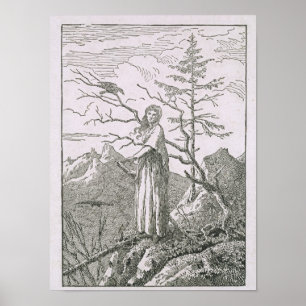 Poster Femme au corbeau, au bord d'un précipice