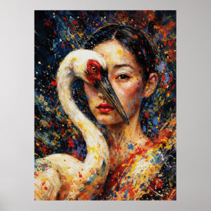 Poster Femme au héron éclaboussure colorée