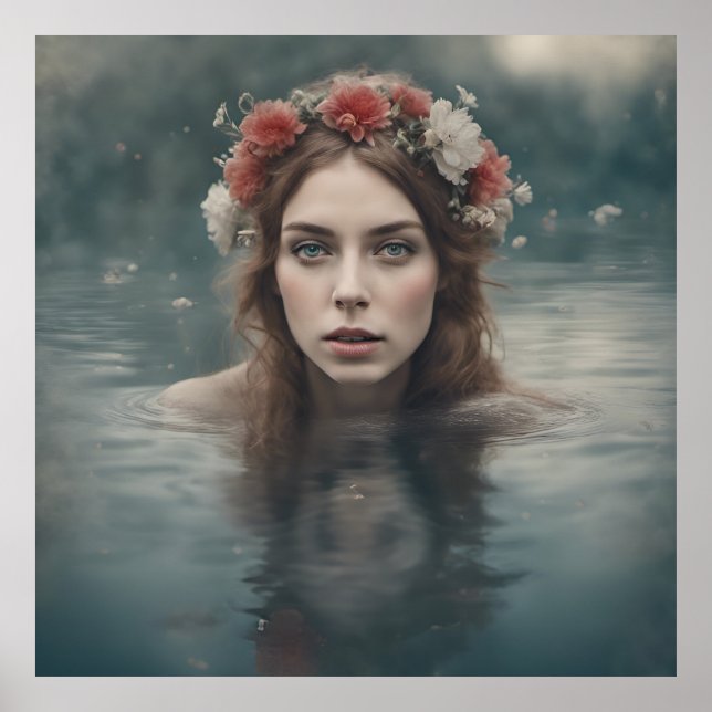 Poster Femme aux fleurs sur la tête flottant dans un étan (Devant)