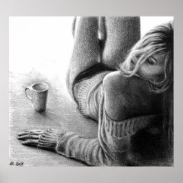 Poster Femme avec café matin Crayon dessin art