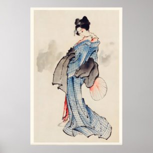 Poster Femme avec kimono à motif à carreaux Art fin japon