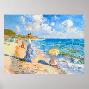 Poster Femme avec parasol à l'impressionnisme de plage