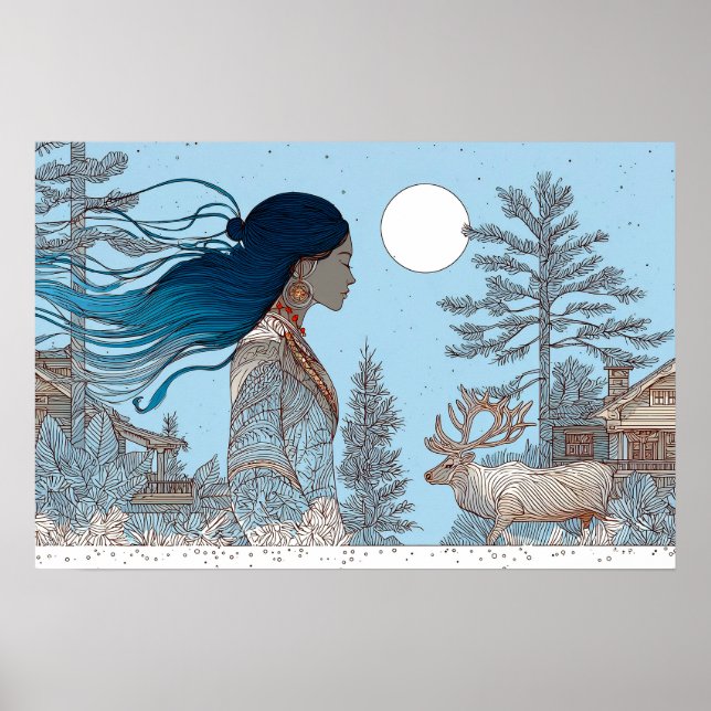 Poster Femme avec rennes dans la neige par cabine (Devant)
