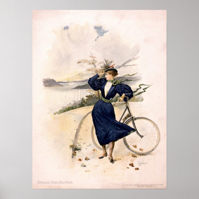 Poster Femme avec vélo à Riverside Drive, New York (Devant)