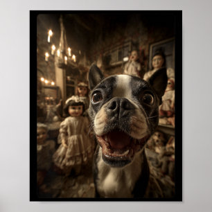 Poster Femme Boston Terrier Selfie Avec Y Poupées Effraya