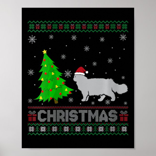 Poster Femme Chat Perse Xmas Arbre Éclairage Noël laid (Devant)