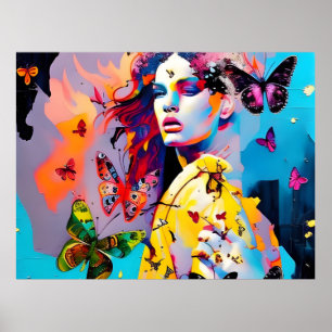 Poster Femme colorée et papillons