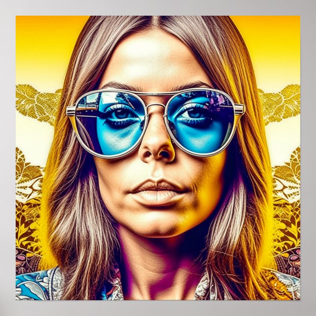 Poster Femme cool en lunettes de soleil bleues (Devant)
