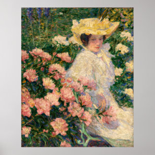 Poster Femme dans un jardin fleuri