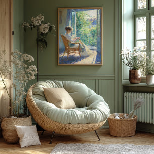 Poster Femme dans une pièce ensoleillée avec balcon - Imp