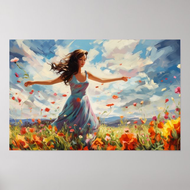 Poster Femme Dansant Joyeusement Dans Un Champ De Fleurs  (Devant)
