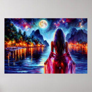 Poster Femme de fantaisie tropicale au clair de lune au p