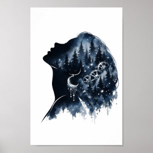 Poster Femme de la forêt céleste Silhouette Art aquarelle