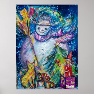 Poster FEMME DE NEIGE AVEC JOUETS, bleu blanc jaune