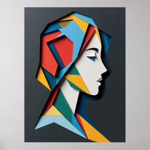 Poster Femme de profil en papier découpé géométrique