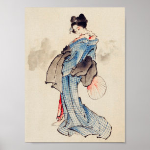 Poster Femme debout avec un ventilateur, Hokusai