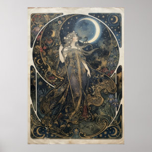 Poster Femme déesse lunaire Art Nouveau Céleste Floral Po