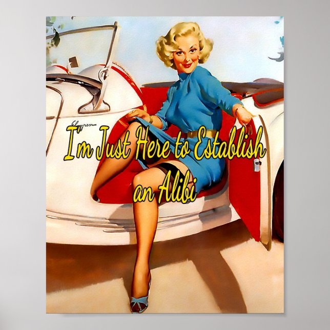 Poster Femme des années 1950 en voiture blanche par Gil E (Devant)