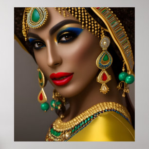 Poster Femme égyptienne Coiffure exotique or vert bleu