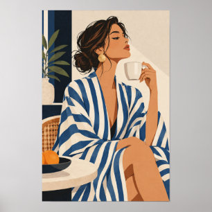 Poster Femme Élégante en Rayures Bleues Tenant du Café su