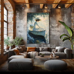 Poster Femme élégante sur un bateau à rames au coucher du