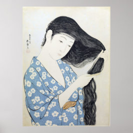 Poster Femme en bleu se coiffant les cheveux, art japonai