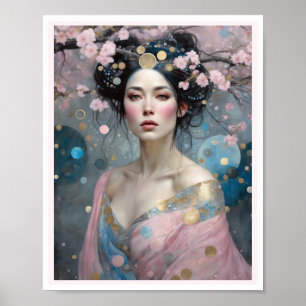 Poster Femme en fleurs de cerisier de printemps avec chev