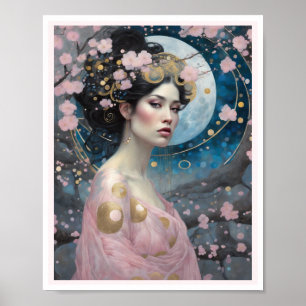 Poster Femme en fleurs de cerisier de printemps avec l'or