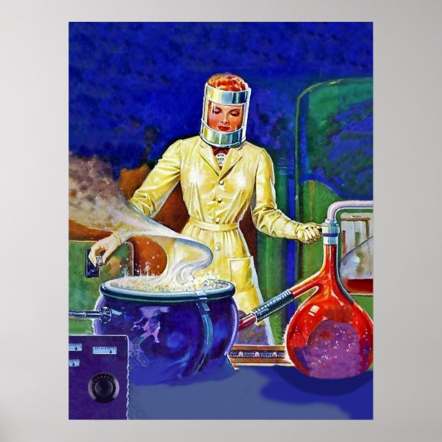 Poster Femme en laboratoire, imaginaire vintage (Devant)