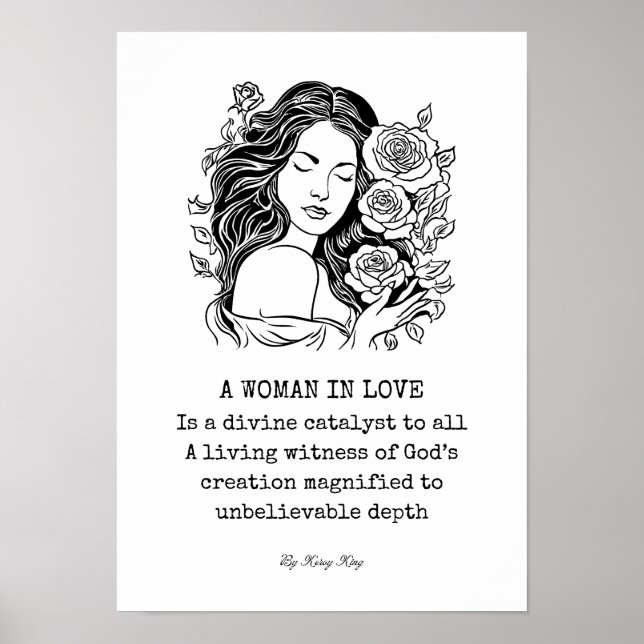 Poster Femme en Love Poème, Noir et Blanc avec rose (Devant)