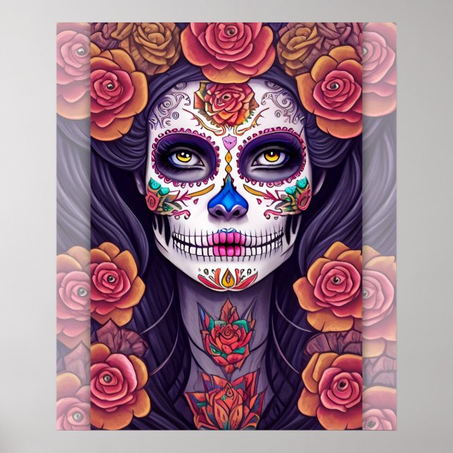 Poster Femme en maquillage crâne sucre (Devant)