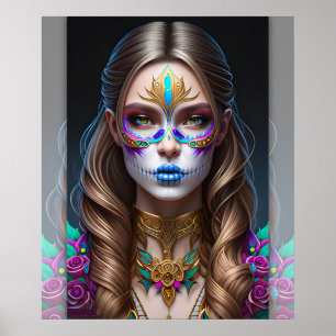 Poster Femme en maquillage crâne sucre - Crâne sucre Art