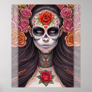 Poster Femme en maquillage crâne sucre - Crâne sucre Art