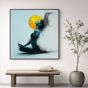 Poster Femme en méditation Lune dorée Pose de yoga 