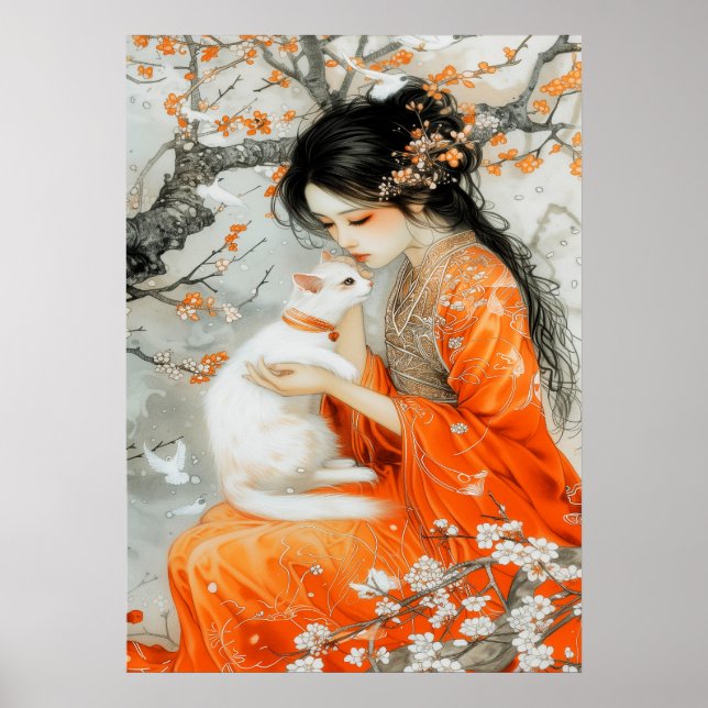 Poster Femme en Orange avec chat blanc (Devant)